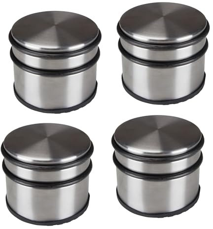 Perel Türstopper Boden ohne Bohren 4er Set, Tuerstopper Edelstahl, Tür Stop rund 4-tlg., Tür Stopper, Türpuffer, Türhalter, Türfeststeller, rutschfester Boden Gummiring zum Schutz, silbergrau, 9 x 7.5