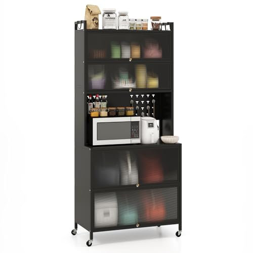 GIANTEX Meuble de Cuisine Haut 6 Niveaux, Buffet Cuisine Rangement avec roulettes, 10 Crochets, Portes Rabattable, Panneau Perforé, Meuble Vitrine en Acier, pour Salon, Salle à Manger (Noir)