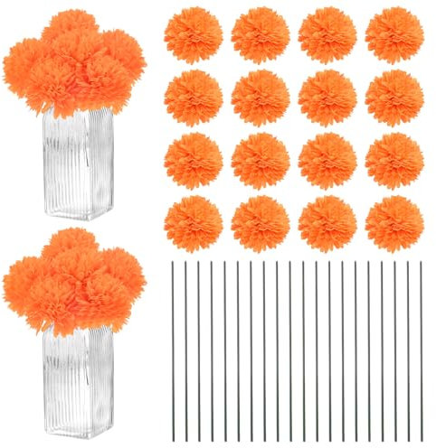 M METERXITY 30Pcs Flores Artificiales De Bola De Crisantemo, 11 Ramo De Seda Falso De Crisantemo Flores Falsas De Toque Real para Hogar/Boda/Navidad/Fiesta[Naranja]