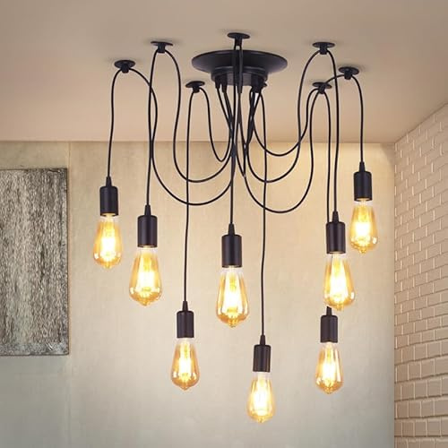 FRIXCHUR Schwarze 8-Köpfe-Pendelleuchte - Vintage Landhausstil für Kücheninsel, E27 Sockel, höhenverstellbar, ideal für Wohnzimmer, Esszimmer, Eingang, Treppe, Bar, Café (ohne Glühbirnen)