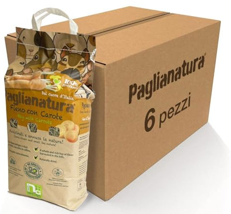 Paglianatura Set mit 6 natürlichen Heusäcken 1300 g mit Karotte — ballaststoff- und Vitamin-A-reiches Futter für Kaninchen, Meerschweinchen und Nagetiere — fördert die Verdauung und gesunde Zähne