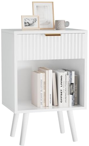 YMYNY Nachttisch, Beistelltisch, Nachtschrank mit Stauraum, Schubladen geriffelte Fronten, Goldener Griff, Massivholz Beinen, Modern, für Schlafzimmer Wohnzimmer, Weiß HST013W