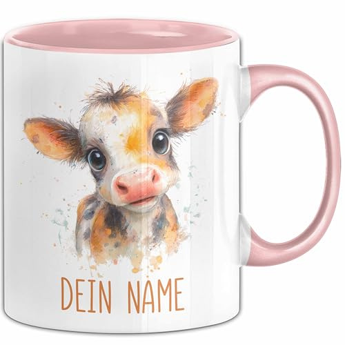 Kuh Tasse mit Namen – Personalisierte Tasse Geburtstag Geschenkidee Tiermotiv Bauernhof Namenstasse (Rosa)