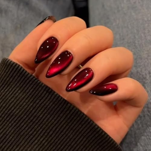 OuryTech Press on Nails Rot, 24 Stück Dark Red Cat Eye Fake Nails, Glitter Almond Medium, Sparkly Shiny Press ons mit Bling Glue, für Damen