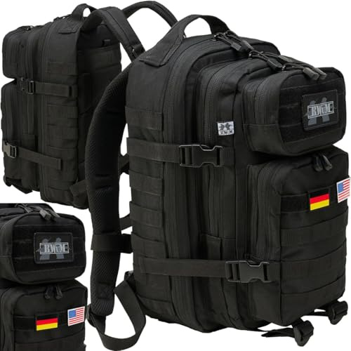 BWuM US Assault Pack Cooper Rucksack + Patch & Flaggen (Schwarz, Xlarge (70l))