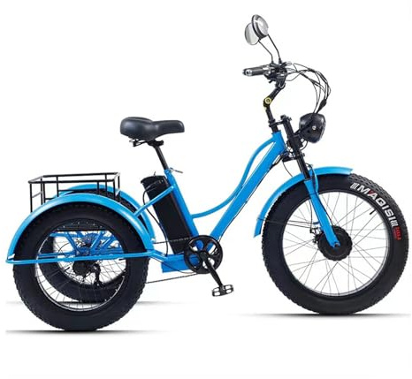 JSMDLN 24-Zoll-Elektro-Dreirad Für Erwachsene, Geländegängige Breitreifen, 200 Kg Tragfähigkeit, Tret-Dreirad Für Senioren, Mit Gepäckkorb, Ideal Für Tägliche Fahrten Und Einkäufe. Blue