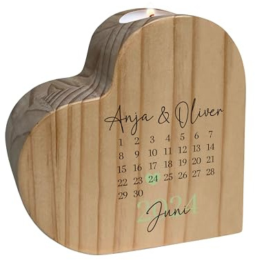 Personalisierter Teelichthalter Herz aus Holz – Kalender Grün mit Wunschnamen & Datum – Romantisches Teelicht Geschenk für Paare, Jahrestag, Valentinstag, Hochzeit – Holzherz 10 x 10 x 5 cm