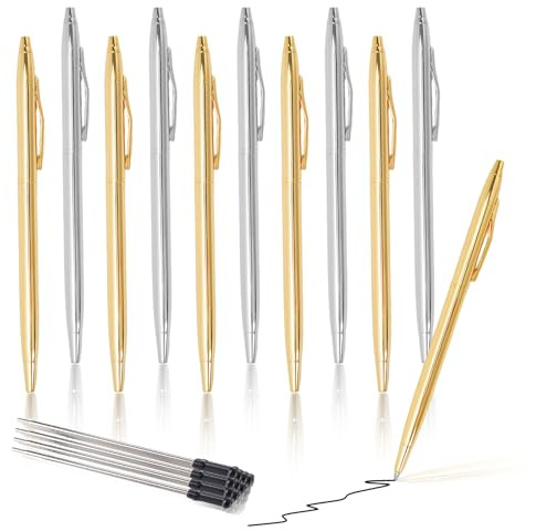 WATUNID 10er Set Kugelschreiber Gold/Silber, 1mm schwarz, nachfüllbar | 10 Metall Kugelschreiber, schnelltrocknend,verschmierfrei,stabiles Metallgehäuse, Metallclip,für Kollegen/Freunde
