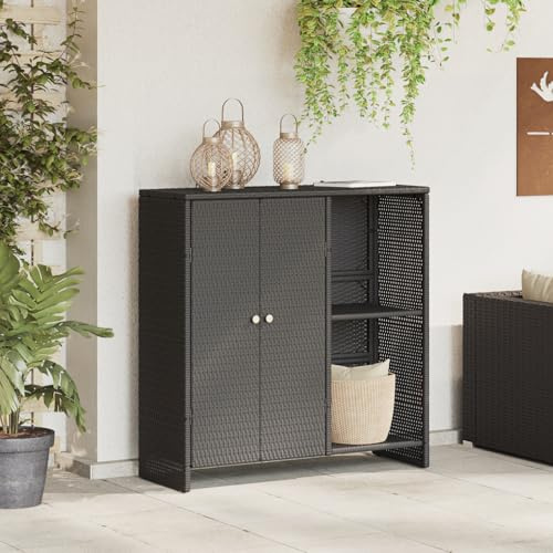 IBUQDDV Beistellschrank Schwarz 100x36x102 cm Rattan Aufbewahrungsschrank mit Zwei Regalen für Außenbereich, Wetterfester Aufbewahrungsschrank mit Magnetverschluss und strukturierter