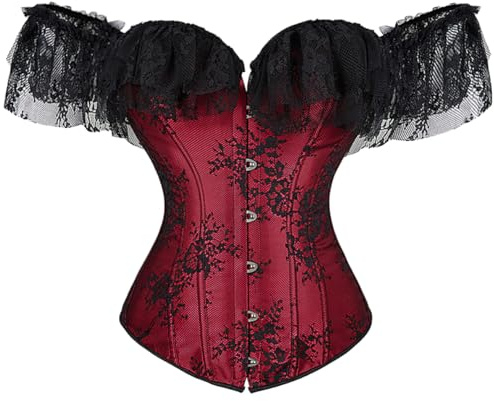 KUOSE Women's Vintage Waist Trainer Body Shaper Corset Top with Black Lace Short Sleeve