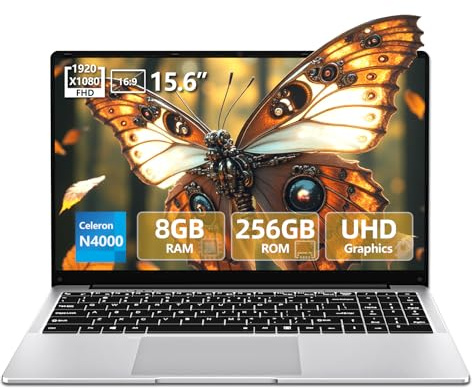 Computer portatile da 15,6 pollici, laptop con Celeron N4000, 2025 laptop da gioco per 8 GB LPDDR4 256 GB SSD, IPS FHD 1920x1080, WiFi+BT4.2+Mini HDMI+slot per schede TF, computer portatili