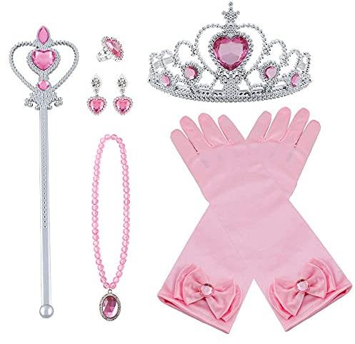 Vicloon Prinzessin Kostüme Set,7 Stück Princess Dress Up Zubehör, aus Diadem, Handschuhe, Zauberstab, Halskette,Ohrringe,elsa zubehör 3-9 Jahre