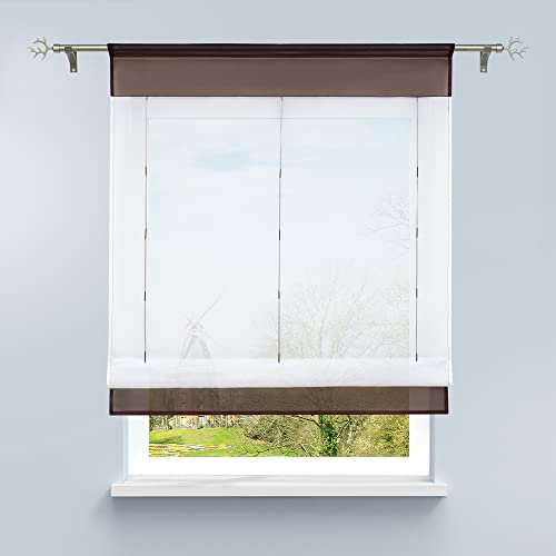 HongYa Bändchenrollo Tunnelzug Raffrollo transparenter Voile Raffgardine Vorhang H/B 120/60 cm Braun