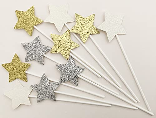 AILEXI Lot de 10 perles à paillettes pour gâteaux, cupcakes et glaces - Étoiles doré/blanc/argent