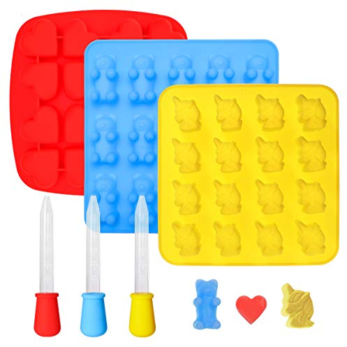 BESTonZON 3 Pack Unicorn Bear Heart Shaped Silicone Candy Moulds Food Grade Non-Stick Ice Chocolate Fondant Mould with 3 Droppers