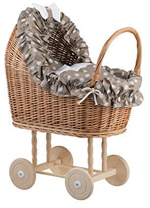 e-wicker24 Alles aus Weide Puppenwagen aus Weide mit Bettwäsche perfekte Geschenkidee Korbpuppenwagen schöner Spielzeug aus Korbgeflecht Korbwagen für Puppen Spielzeug für Mädchen (Beige)