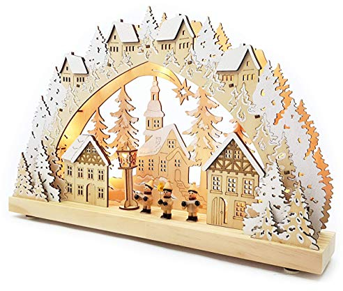 Wichtelstube-Kollektion LED Schwibbogen Weihnachtsdorf, Schwippbogen Lichterbogen Weihnachtsdekoration Fenster Holz, Batteriebetrieben mit Timer, 45cm Breite