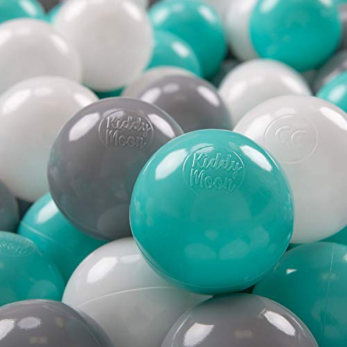 KiddyMoon 50 ∅ 7Cm Kinder Bälle Spielbälle Für Bällebad Baby Plastikbälle Made In EU, Weiß/Grau/Helltürkis