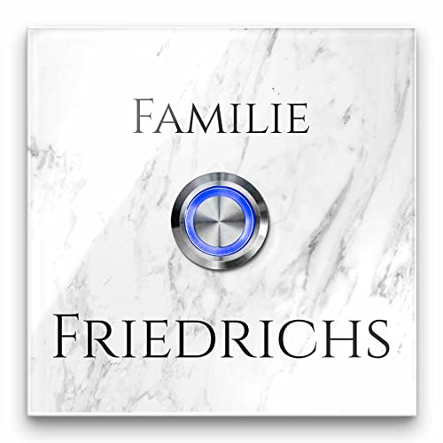 Premium Designer Türklingel mit Namen - Wunschtext | LED-Klingelknopf ab 8x8 cm | Modell: Friedrich - beschriftete Klingel aus Hochglanz Acrylglas und Edelstahl Klingelschild Taster beleuchtet