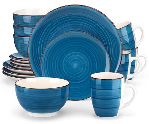 vancasso Bella Service de table 16 pièces pour 4 personnes en grès peint à la main avec assiettes, assiettes à dessert, bols à céréales, tasses de style rustique chic - Bleu