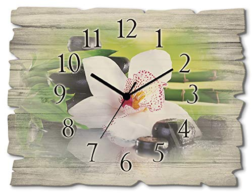 ARTLAND Wanddeko Wanduhr ohne Tickgeräusche aus Holz Quarzuhr 40x30 cm Rechteckig Lautlos Orchidee Zen Pflanze Spa Steine Bambus Asiatisch T9IQ