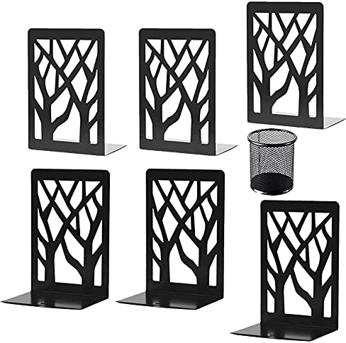 Aileese Book Ends (Black 3 Pair), Heavy Duty Metal Bookends with Unique Tree Design for School, Office, and Gift