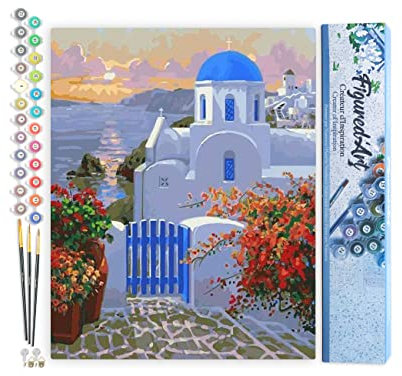 Figured'Art Peinture par Numéro Adulte Petit Village grec - Activité Manuelle Kit de Loisir Créatif DIY Numéro d'Art Complet - 40x50cm sans châssis en bois