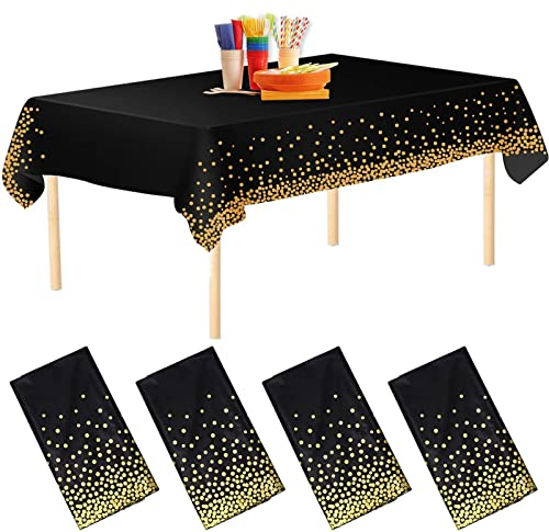 4 Stück Einweg Wasserdicht Tischdecke Schwarz Gold Party Dot Konfetti Tischdecken Rechteckige Kunststoff-Tischdecken (137 x 274 cm)