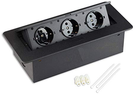 Versenkbare Steckdose für Küche und Büro mit Softöffnung - Ideal für Arbeitsplatte, als Tischsteckdose oder Bodensteckdose - Aluminium Spritzguss mit drei Steckdosenelementen | schwarz