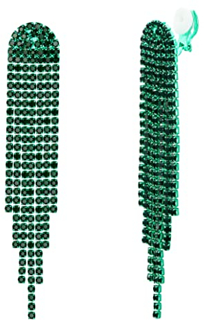 Clearine Quaste Ohrclips Mode Lange Tropfen Kronleuchter Funkeln Strass Kristall Clip-on Ohrringe für Damen Smaragdgrün-Ton