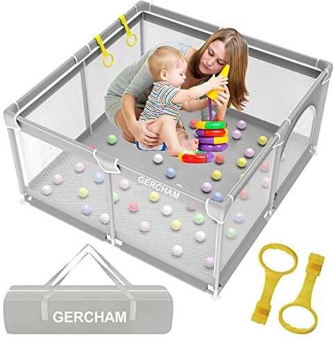 GERCHAM Laufgitter Baby,127x127cm Laufstall Baby, Laufgitter mit Sicherheitstür, Laufstall für Apartment,Baby Laufstall Faltbar mit Atmungsaktivem Netz und Rutschfeste Basis,Playpen Baby Grau