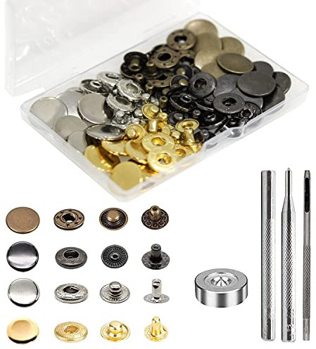 24 Sets Heavy Duty Leather Snap Fasteners Kit, BetterJonny 17mm Metal Snap Buttons Press Studs Leather Rivets Snaps with 4 Setter Tools for Clothes Bracelet Jackets Jeans, 4 Color