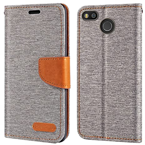 Oxford Stoff und PU Leder Flip Handyhülle Kompatibel mit Fairphone 3, Robuste Klapphülle mit Kartenfächern und Magnetverschluss (Grau)