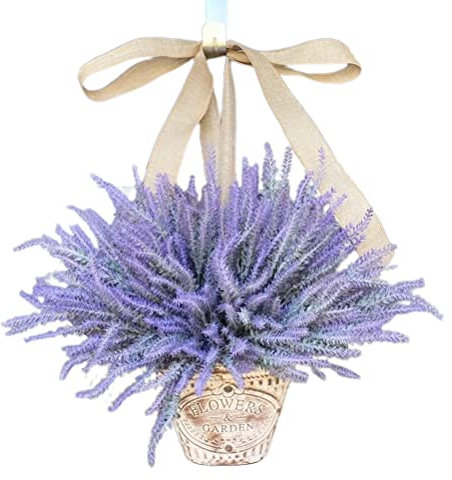 Artificial Hanging Flowers in Basket for Front Door Hanging Lavender Wreath Basket Outdoor Indoor Patio Lawn Courtyard Garden Decor