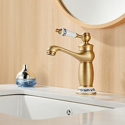 Maynosi Robinet de salle de Bain Rétro, Mitigeur Victorien de Luxe avec Poignée Céramique, Robinets de Lavabo pour Salle de Bain Avec Flexibles, Mitigeur Chaud et Froid, Laiton Antique