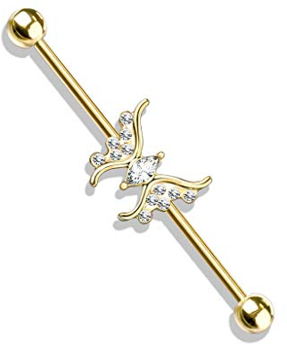 beyoutifulthings Industrial-Piercing Gold Kristall Schmetterling Clear Industrial-Barbell Industrial-Bar Chirurgenstahl Stab-länge 38-mm
