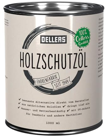 OELLERS Holzschutzöl für Innenbereiche & Außenbereiche, 1 Liter, für Lärche, Eiche, Teak, Douglasie u.v.m. Holz Öl für außen und innen, Holz Pflegeöl für Gartenmöbel, Terrassen, Dielen, Bangkirai Öl