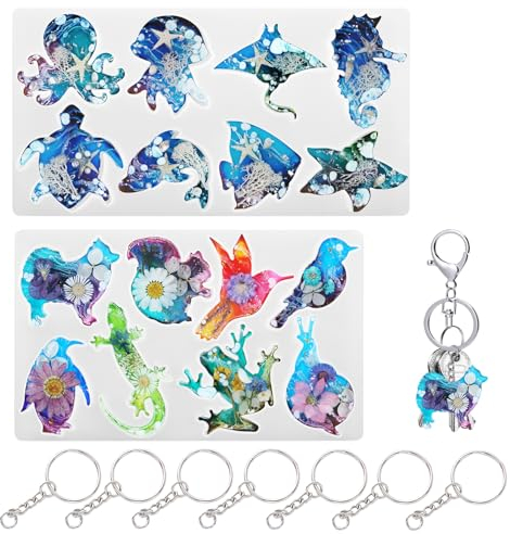Kitnelw Moule Resine Epoxy Porte Clef Moule Résine Epoxy Animaux Marins Poisson Tortue Grenouille Oiseau Chien Bricolage Moule en Silicone 2 pièces