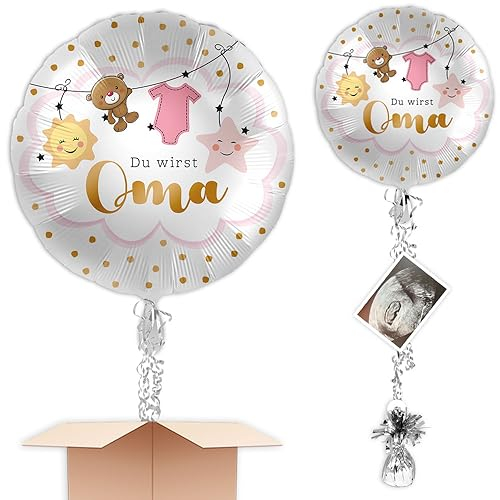 Ballon Baby ankündigen inkl. Heliumfüllung Schmuckband u. Gewicht Motiv: Oma zum verschenken oder versenden an eine andere Lieferadresse - Mit Karte