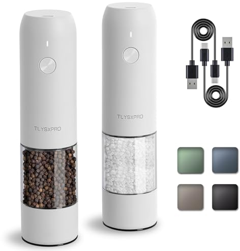 TLYSXPRO Electric Salt and Pepper Grinder Set with USB Rechargeable, Automatic One Hand Operation with Adjustable Coarseness, Pepper Mill Grinder Refillable with LED Light (2 Packs, White)
