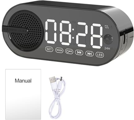 Réveil haut-parleur Bluetooth 5.0, réveil radio Bluetooth, chevet, veilleuse, haut-parleur stéréo portable, double horloge numérique, horloges numériques de chevet avec chargement USB, noir