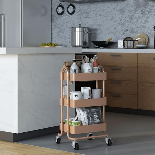 [en.casa] Chariot de Service Polyvalent Desserte Cuisine Salon Salle de Bains 3 Paniers Étagère de 3 Surfaces Meuble de Rangement Acier 79 x 46 x 35 cm Marron Clair