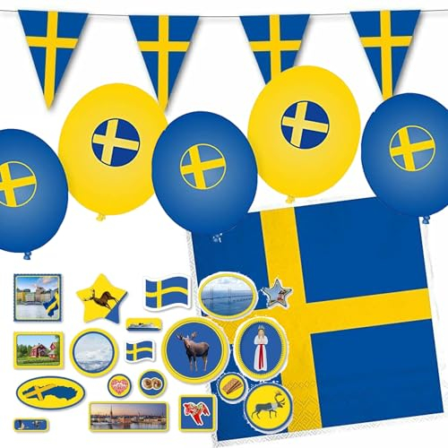 Deko-Set * SCHWEDEN * für Länderparty, Mottoparty und Event | 86 Teile mit Servietten + Konfetti + Wimpelkette + Luftballons | Party Deko Partydeko Fahne Flaggen (Schweden)