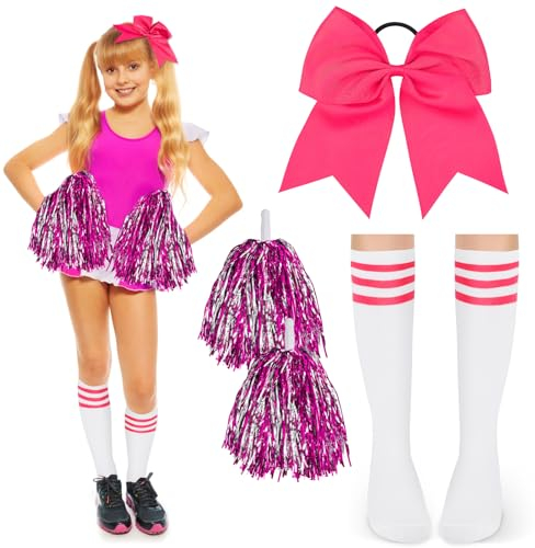 DPKOW Damen Cheerleader Kostüm Zubehör, Mädchen Cheerleader Kostüm Karneval Damen Mädchen Football Kostüm Zubehör Cheerleader Pompons Rosa Schleifen Haargummis Strümpfe Damen Mädchen Halloween Zubehör