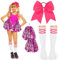 DPKOW Damen Cheerleader Kostüm Zubehör, Mädchen Cheerleader Kostüm Karneval Damen Mädchen Football Kostüm Zubehör Cheerleader Pompons Rosa Schleifen Haargummis Strümpfe Damen Mädchen Halloween Zubehör