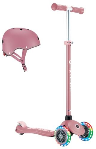 GLOBBER Primo Plus Lights – Tretroller und Helm Kinder, 120/80 mm, 3-rädrig, höhenverstellbar, LED-Leuchtrollen, rosa