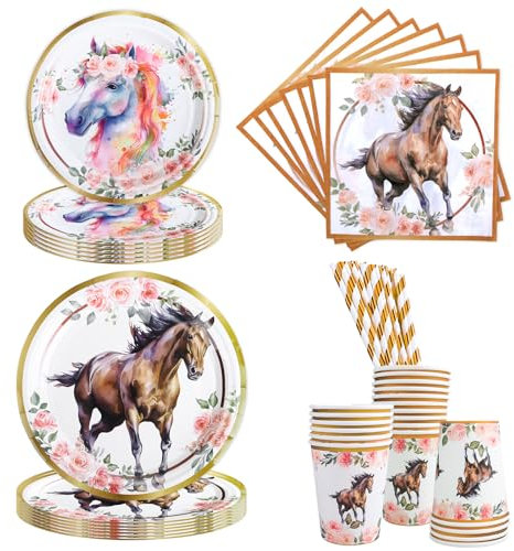 Aitsite Lot de 50 assiettes de fête motif cheval - Assiettes de fête d'anniversaire pour 10 invités - Vaisselle d'anniversaire cheval - Décoration de fête d'anniversaire d'enfant - Assiettes en papier
