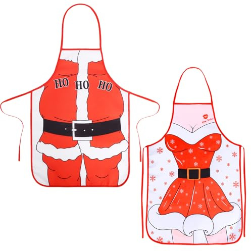 HONMOK 2pcs Weihnachten Schürze Lustige Weihnachtsschürze Damen Herren Kochschürze Küchenschürze Grillschürze Weihnachten Neuheit Schürze für Männer Damen Xmas Party Weihnachtsfeier