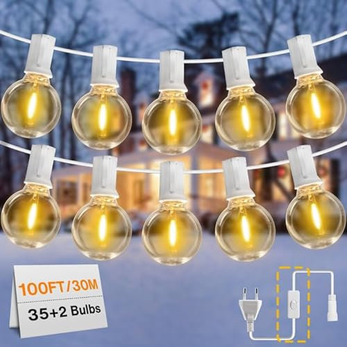 DSLebeen LED Lichterkette Außen Strom, 30M/100FT 35+2 G40 LEDs Lichterkette mit Leitungsschalter Wasserdicht und Bruchsicher Lichterketten für Garten, Balkon, Hochzeit, Party(Weißes Kabel)