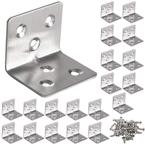 Luabue 20Pcs Corner Brackets L Bracket 30 x 30 x 37mm, Stainless Steel Right Angle Brackets Sleeper Bracket with 120Pcs Screws for Wood Furniture Fixation & Corner